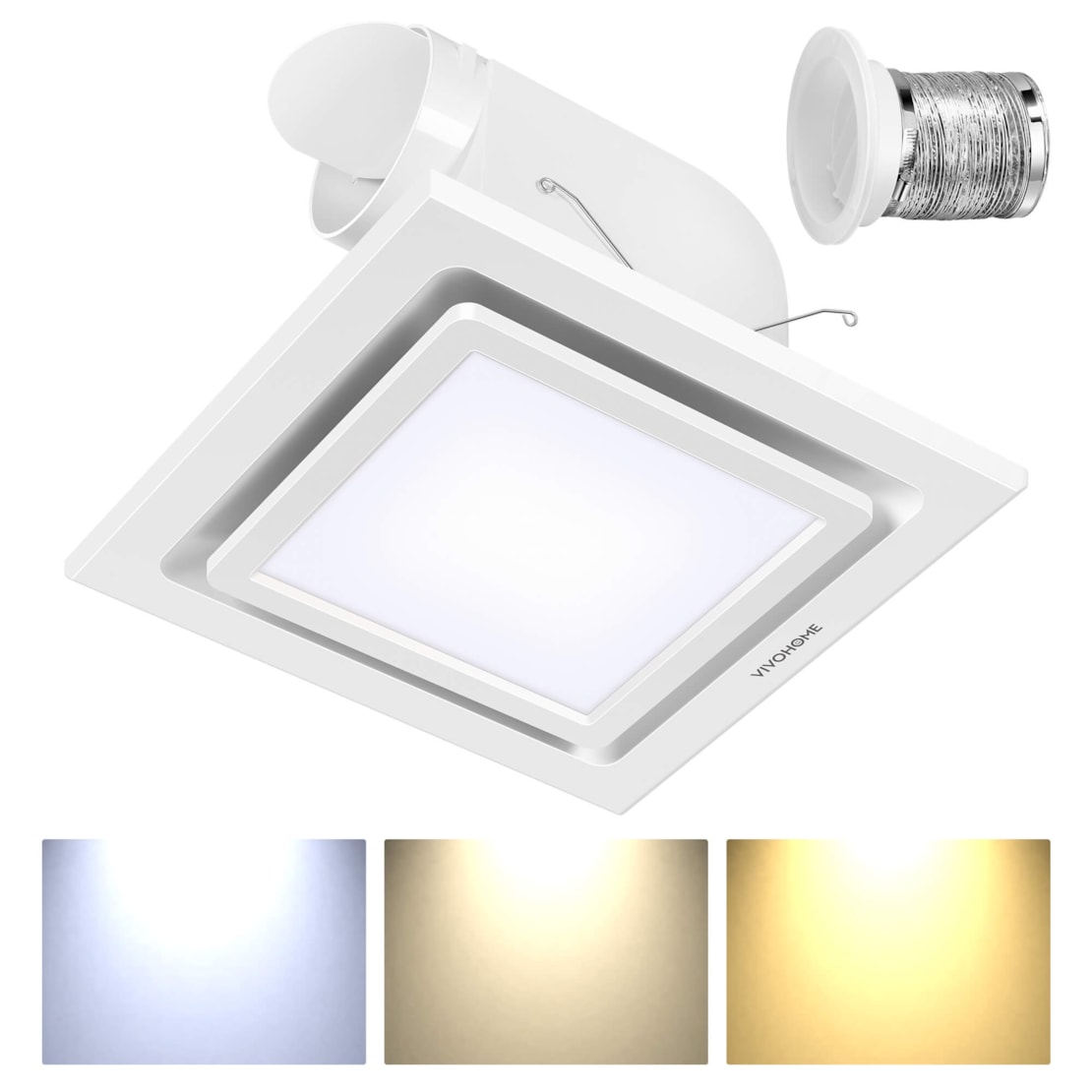 Bathroom Exhaust Fan with Light, 165CFM Shower Ventilation Exhaust Fan with Adjustable 3000K/4500K/6500K LED Light Combo, Ceiling Mount w/ 4" Duct Hose 2.5 Sones Square Fan, 3 Color Light