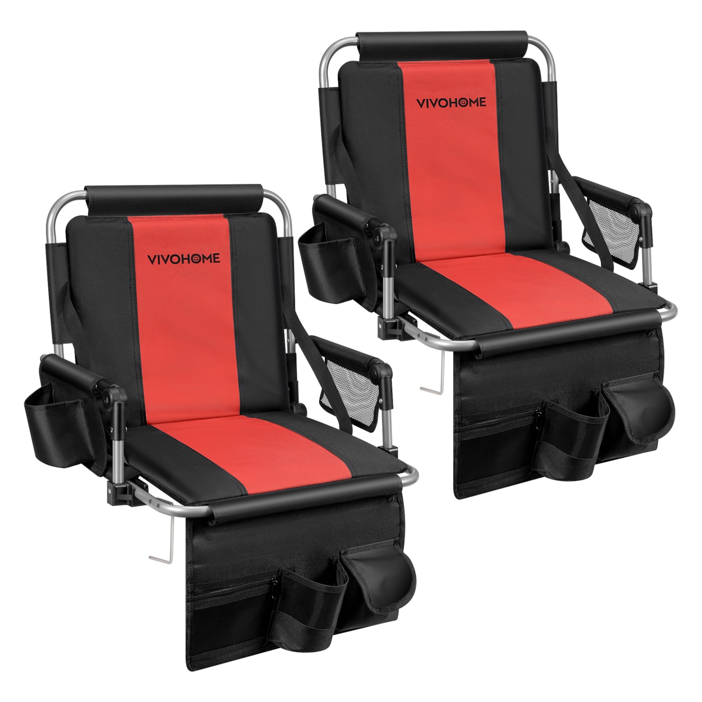 VIVOHOME Stadium Seats with Back Support and Cushion, 2 Pack Portable Bleacher Chairs with Cup Holder, Storage Bags and Shoulder Strap, Black and Red