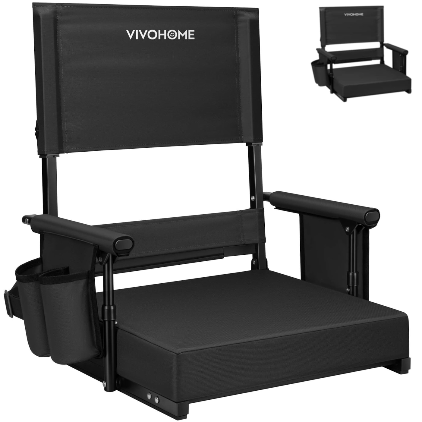 VIVOHOME Height Adjustable High Back Stadium Seat with Back Support and Cushion, Portable Bleacher Chair with Cup Holder and Shoulder Strap, Black