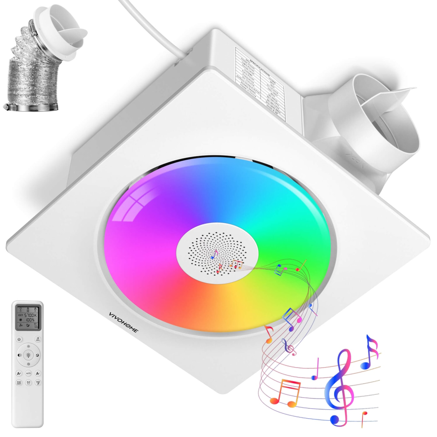 VIVOHOME Bathroom Exhaust Fan with RGB Light & Humidity Sensor (30-110-160CFM) & Bluetooth Speaker - 2700K/4000K/5700K LED Light