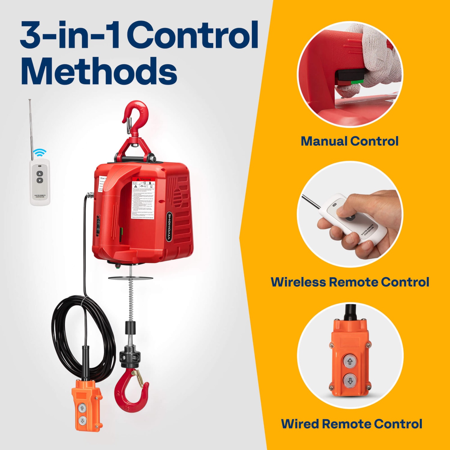 3-in-1 Portable Electric Hoist Winch – 1100 LBS Capacity With Wired & Wireless Remote – Model 500-D2