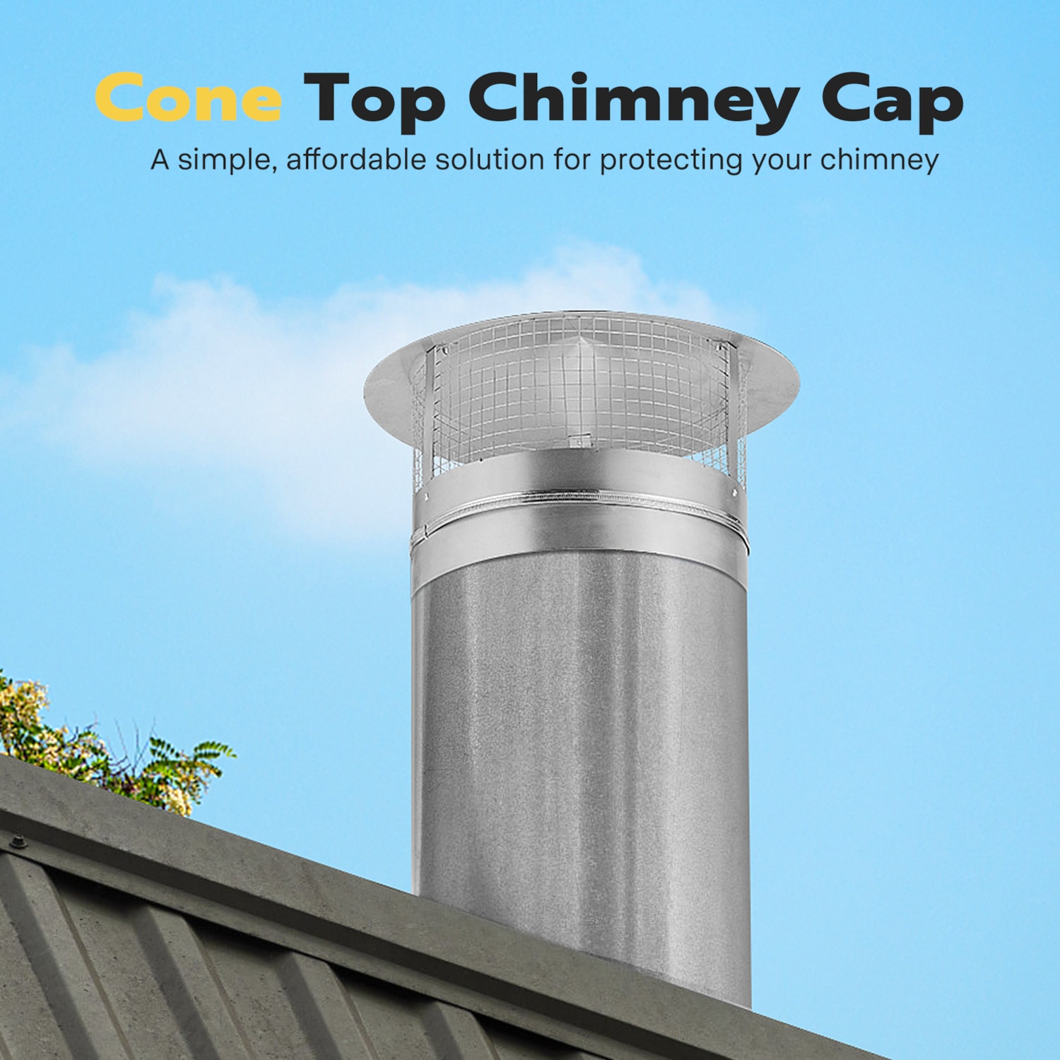 YOKIVE 1 Pcs 5-Inch Round Chimney Cap, Galvanized Iron Cone Top Chimney Cap With Screen | Stove Pipe Cap Stovepipe Finial Great For