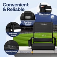 VIVOHOME Height Adjustable High Back Stadium Seats with Back Support and Cushion, 2 Pack Portable Bleacher Chairs with Cup Holder and Shoulder Strap, Black