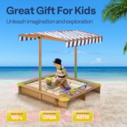 VIVOHOME 47.6 Inch x 46.5 Inch Wooden Sandbox with 2 Plastic Side Containers, Kids Sandbox with Rotatable UV-Resistant Canopy for Home Backyard Beach Outdoor