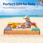 VIVOHOME 35 Inch x 35 Inch Kids Wooden Sandbox with 4 Built-in Corner Seats, Bottomless Sandbox with Liner for Home Backyard Beach Outdoor