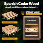 VIVOHOME Cigar Humidor 3 Shelves, 200 Counts Cigar Humidor Cabinet with Light, Spanish Cedar Wood Inner Shelves and Drawer, Accurate Hygrometer, Humidifier, for Men Brown