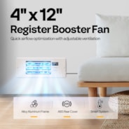 4'' x 12'' Opening Register Booster Fan with Adjustable Wind Direction Louver, Smart Intelligent Thermostat & 10-Speed Remote Control - 13.8" x 5.5" Vent Cover for Room, Floor, Wall - White