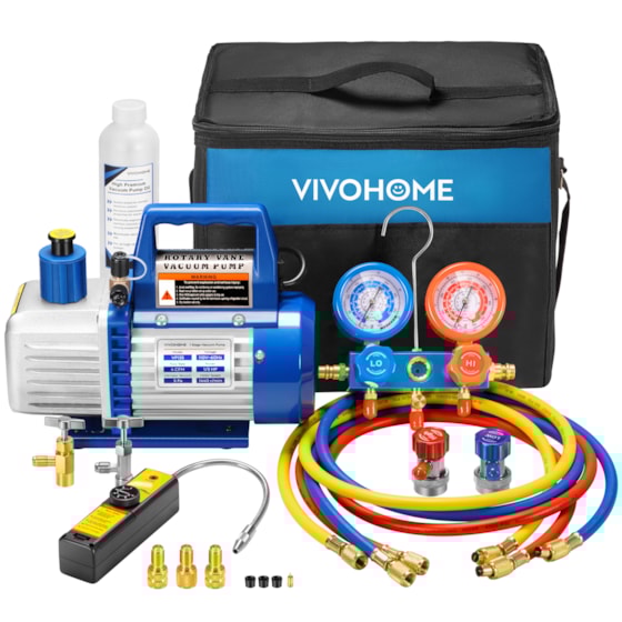 VIVOHOME 110V 1/3 HP 4CFM Single Stage Rotary Vane Air Vacuum Pump and R134a AC Manifold Gauge Set Kit with Leak Detector Carry Bag for HVAC Air Conditioning Refrigeration Recharging ETL Listed