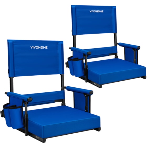 VIVOHOME Height Adjustable High Back Stadium Seats with Back Support and Cushion, 2 Pack Portable Bleacher Chairs with Cup Holder and Shoulder Strap, Blue