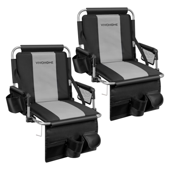 VIVOHOME Stadium Seats with Back Support and Cushion, 2 Pack Portable Bleacher Chairs with Cup Holder, Storage Bags and Shoulder Strap, Comfortable for Various Sports Events, Black and Gray
