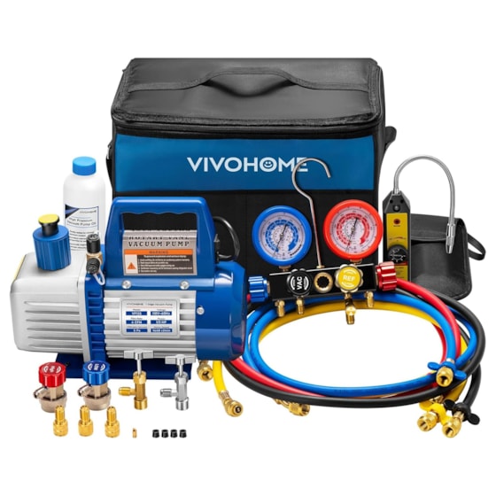 VIVOHOME Upgraded 4CFM 1/3 HP 1-Stage HVAC Vacuum Pump and 4 Way AC Manifold Gauge Set with Leak Detector, 5ft Hoses & Accessories for R134a R12 R22 R502 R410a Automotive Air Conditioner Maintenance