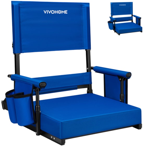 VIVOHOME Height Adjustable High Back Stadium Seat with Back Support and Cushion, Portable Bleacher Chair with Cup Holder and Shoulder Strap, Blue