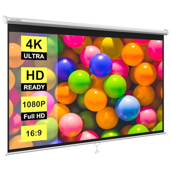 VIVOHOME 80 Inch Manual Pull Down Projector Screen, 16:9 HD Retractable Widescreen Matte for Movie Home Theater Cinema Office Video Game, Steel & PVC, White