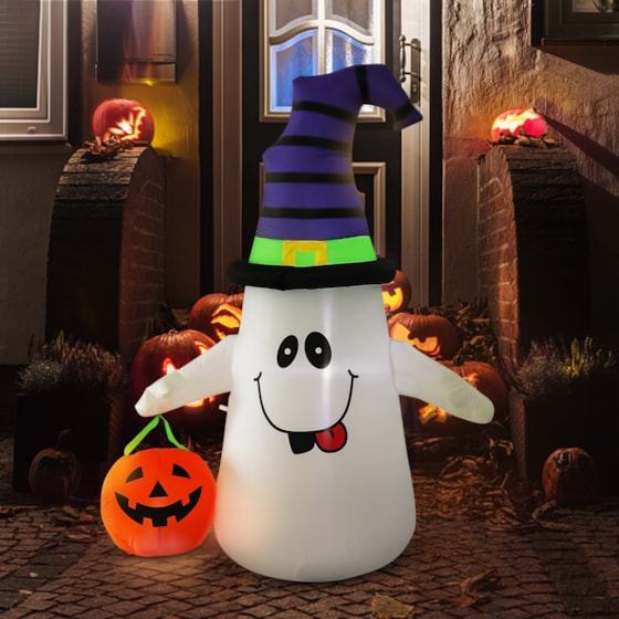 VIVOHOME 5FT Halloween Inflatable Yard Decor, White Ghost with Pumpkin, Outdoor Blow Up with Built-in LED Light for Lawn, Garden, Party
