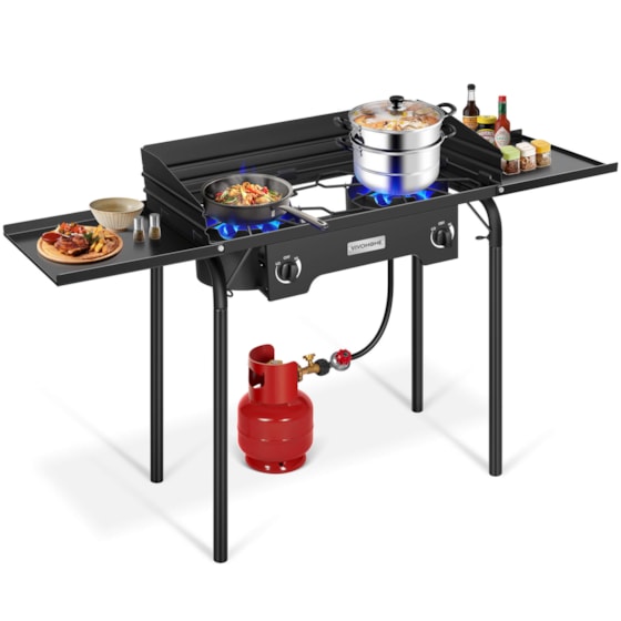 VIVOHOME 2 Burner Outdoor Propane Stove, Heavy Duty Gas Stove with 2 Side Panels and Windscreen, 150,000 BTU Camping Stove for Backyard Barbecues