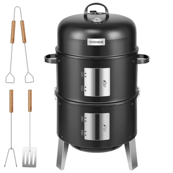 VIVOHOME 3-in-1 Vertical Charcoal Smoker, BBQ Smoker Grill with Built-in Thermometer, Air Vent, and 2 Access Doors, Idea for Parties, Backyard, Barbecues