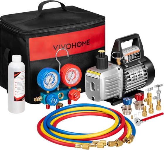 VIVOHOME 1/4 HP 3.5CFM Single Stage Rotary Vane Air Vacuum Pump and AC Manifold Gauge Set Kit with Thermometer