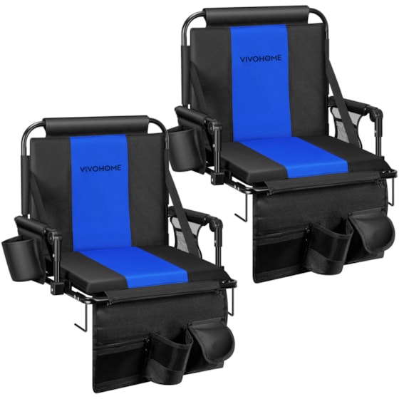 VIVOHOME Stadium Seats with Back Support and Cushion, 2 Pack Portable Bleacher Chairs with Cup Holder, Storage Bags and Shoulder Strap, Comfortable for Various Sports Events, Black and Blue