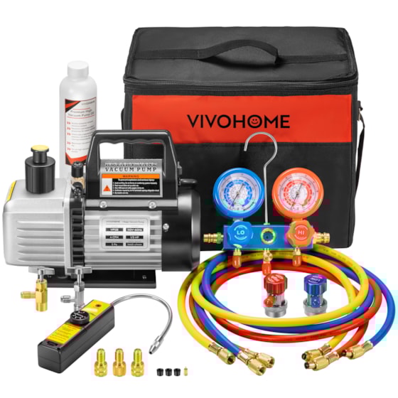 VIVOHOME 1/3 HP 4CFM Single Stage Rotary Vane Air Vacuum Pump and AC Manifold Gauge Set Kit with Leak Detector