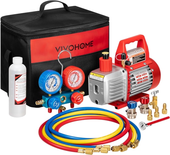 VIVOHOME 110V 1/4 HP 3.5CFM Single Stage Rotary Vane Air Vacuum Pump and AC Manifold Gauge Set Kit with Thermometer for R134a R12 R22 R502 R410a HVAC Air Conditioning Refrigeration Recharging Red