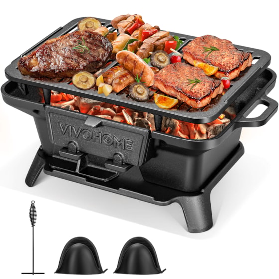 VIVOHOME Rectangle Cast Iron Charcoal Grill with Double-Sided Grate, Portable Outdoor BBQ Grill, Compact Tabletop Grill Stove (Note: The charcoal grid is made of stainless steel, not cast iron)