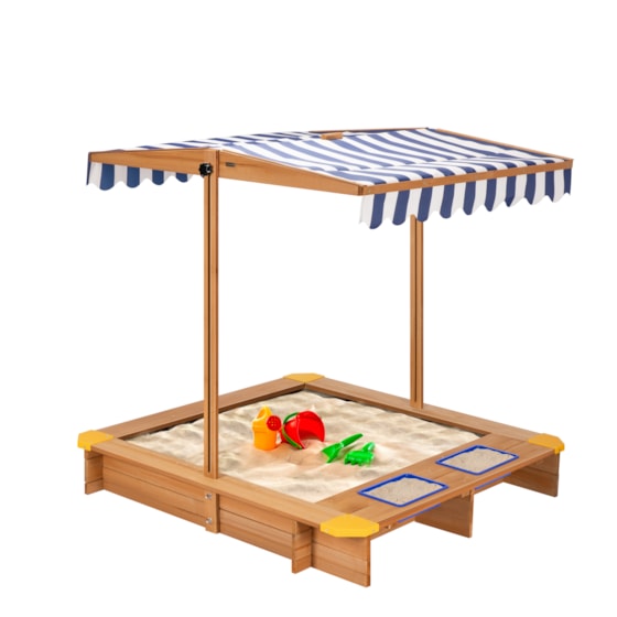 VIVOHOME 47.6 Inch x 46.5 Inch Wooden Sandbox with 2 Plastic Side Containers, Kids Sandbox with Rotatable UV-Resistant Canopy for Home Backyard Beach Outdoor