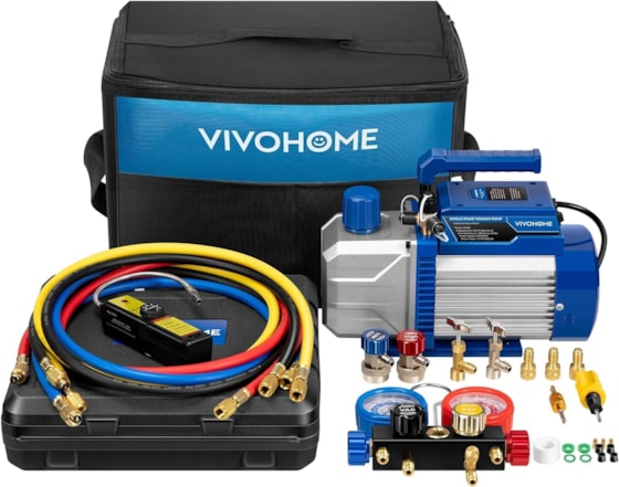 VIVOHOME HVAC Vacuum Pump 1/2 HP 5CFM 2 Stage and 4 Way AC Manifold Gauge Set Kit